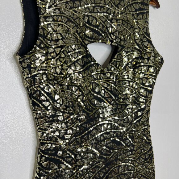 Tatyana Metallic Gold & Black Bodycon Dress Size M Retro Keyhole Glam Party - Picture 3 of 9